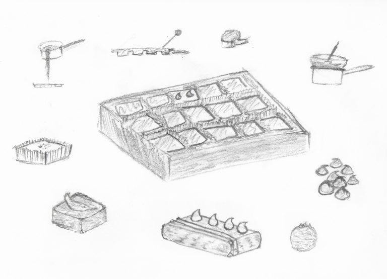 In the center is a box of square chocolates, surrounded by drawings of saucepans with bowls of melting chocolate on top, chocolate chips, round truffles, a chocolate bar, a square chocolate topped with a garnish, and a square chocolate in a paper wrapper.