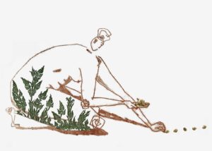A femme figure drawn in a deep, mahogany brown (using the monotype technique of indirect drawing) is depicted kneeling down with one hand holding a pile of seeds, and the other hand outstretched, planting a row of seeds. The seeds are sewn onto the page with a thin thread matching the color of the figure. Thai designs of rice plants grow up the legs of the figure and curve slightly onto her back. These Thai designs are colored a dark, mossy green and were created with relief prints which were then cut out and sewn onto the page.