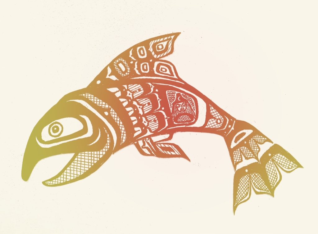 illustration of a salmon decorated with indigenous motifs. the center is red, and fades to a golden yellow on the head and tail