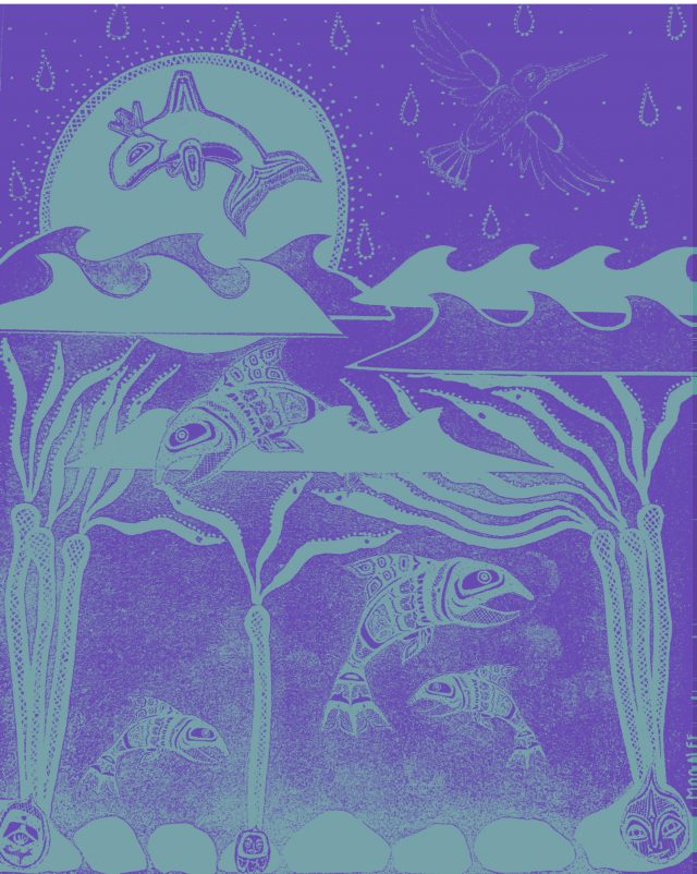 A purple background with teal salmon swimming among the kelp beneath the waves. Above the waterline, a bird flies away, and a whale arches against a teal sun.